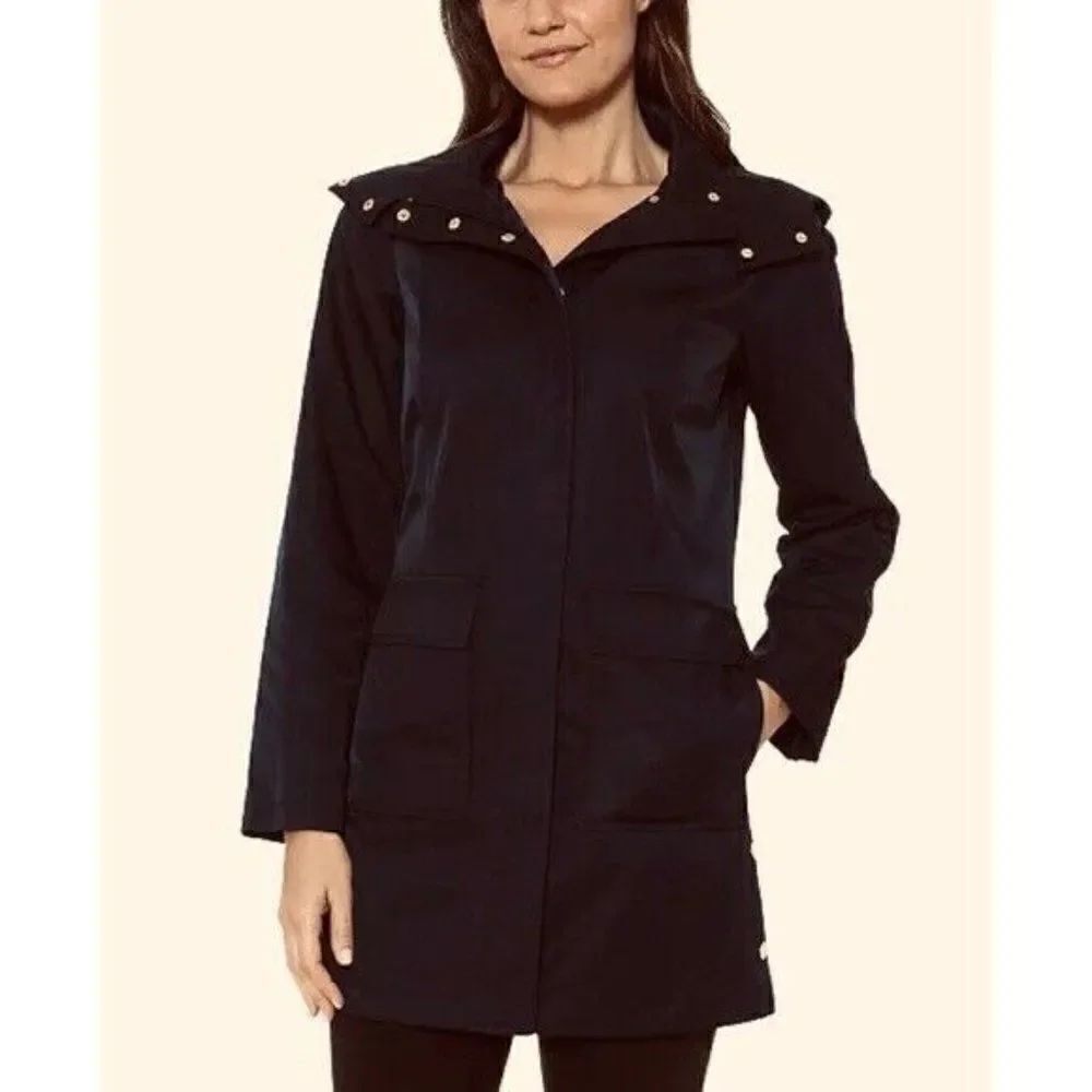 Jones New York Hooded Black Snap-Collar Raincoat Size Large NWT